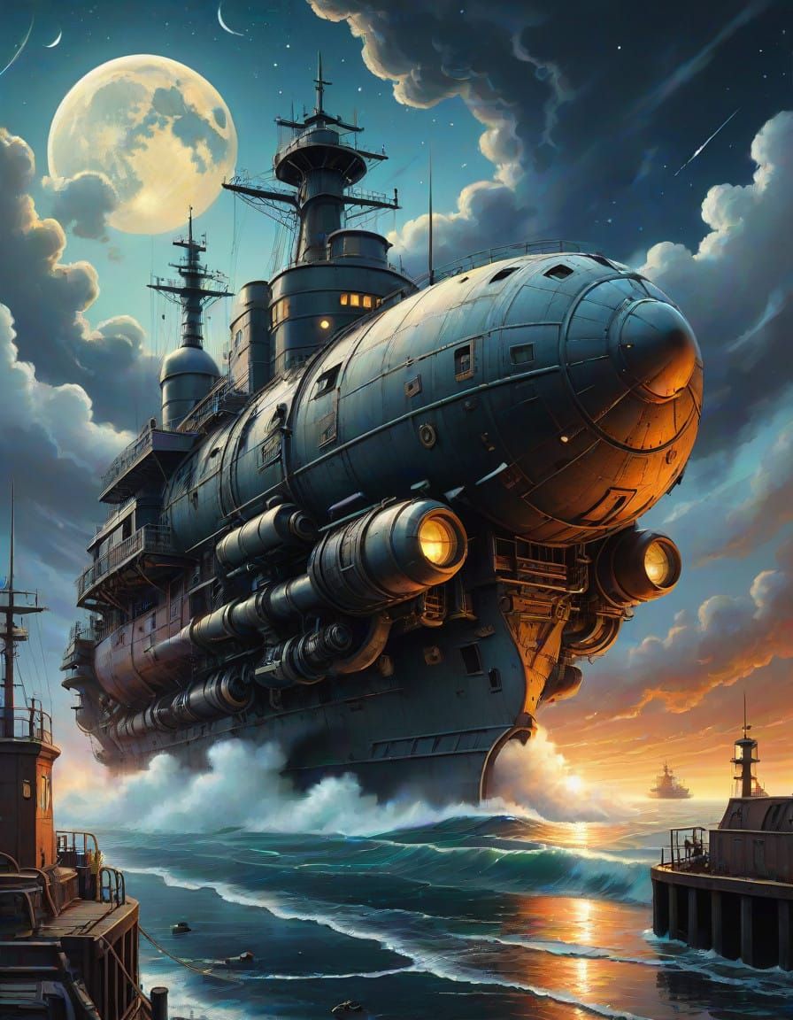 Dieselpunk Warship in Hyperrealistic Dusk Atmosphere