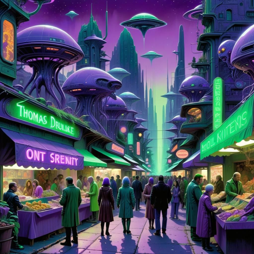 Vibrant Neon Street Market in Futuristic City