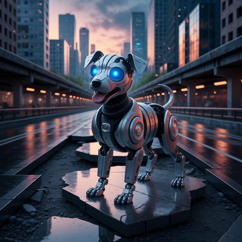 Cybernetic Puppy on Decaying Metropolis Overpass