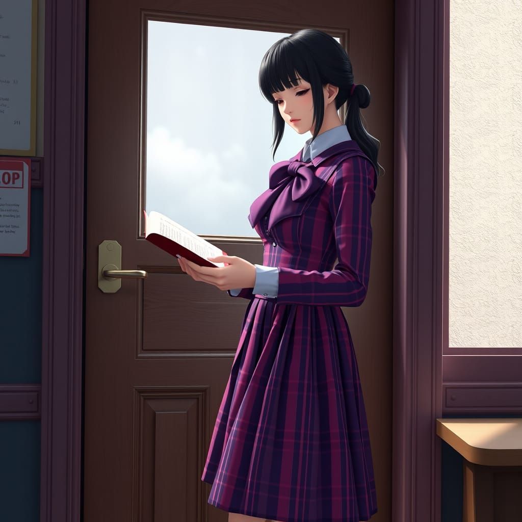Victorian-Inspired Schoolgirl in Purple Plaid Pinafore