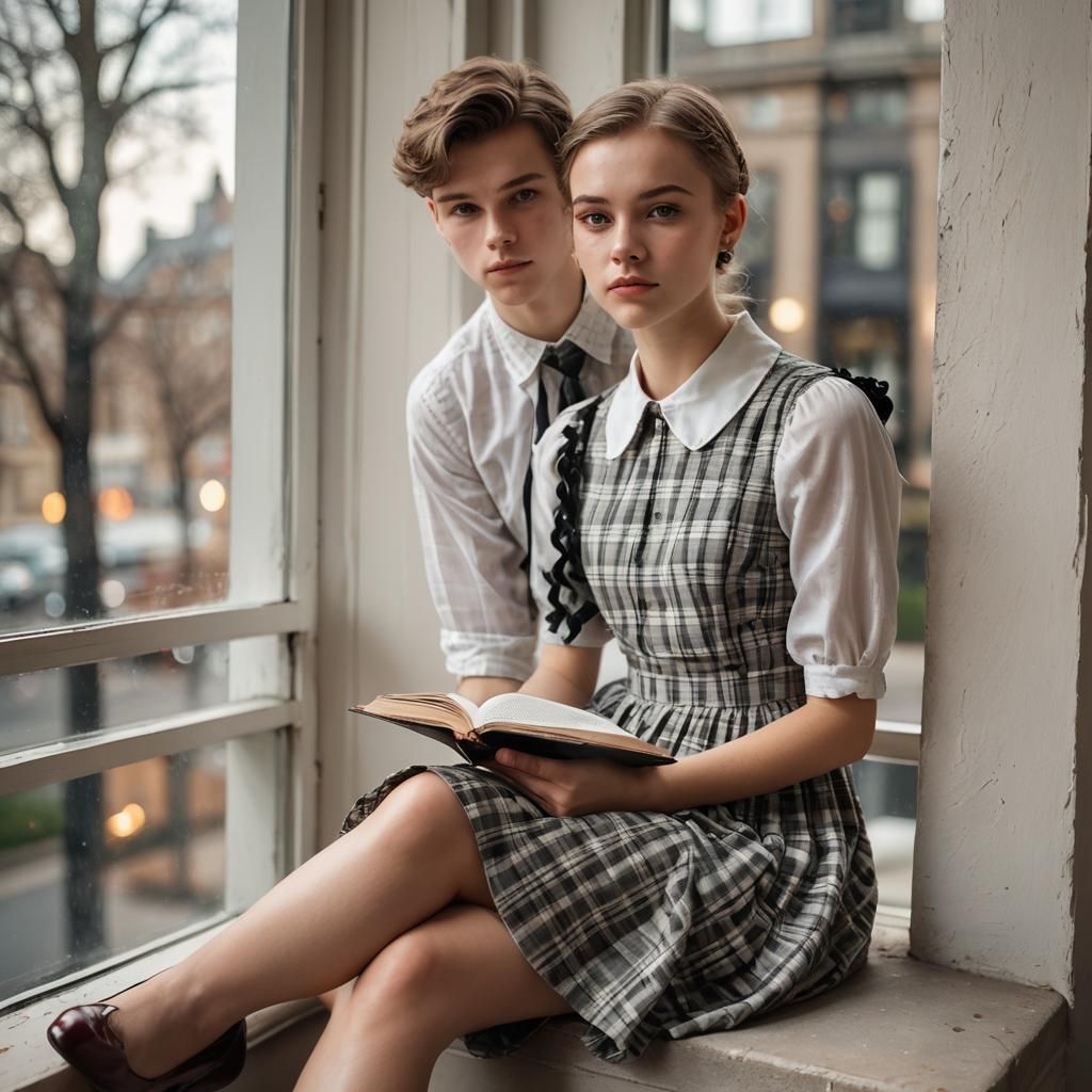 Boy in Dress on Window Ledge: Portrait Photography