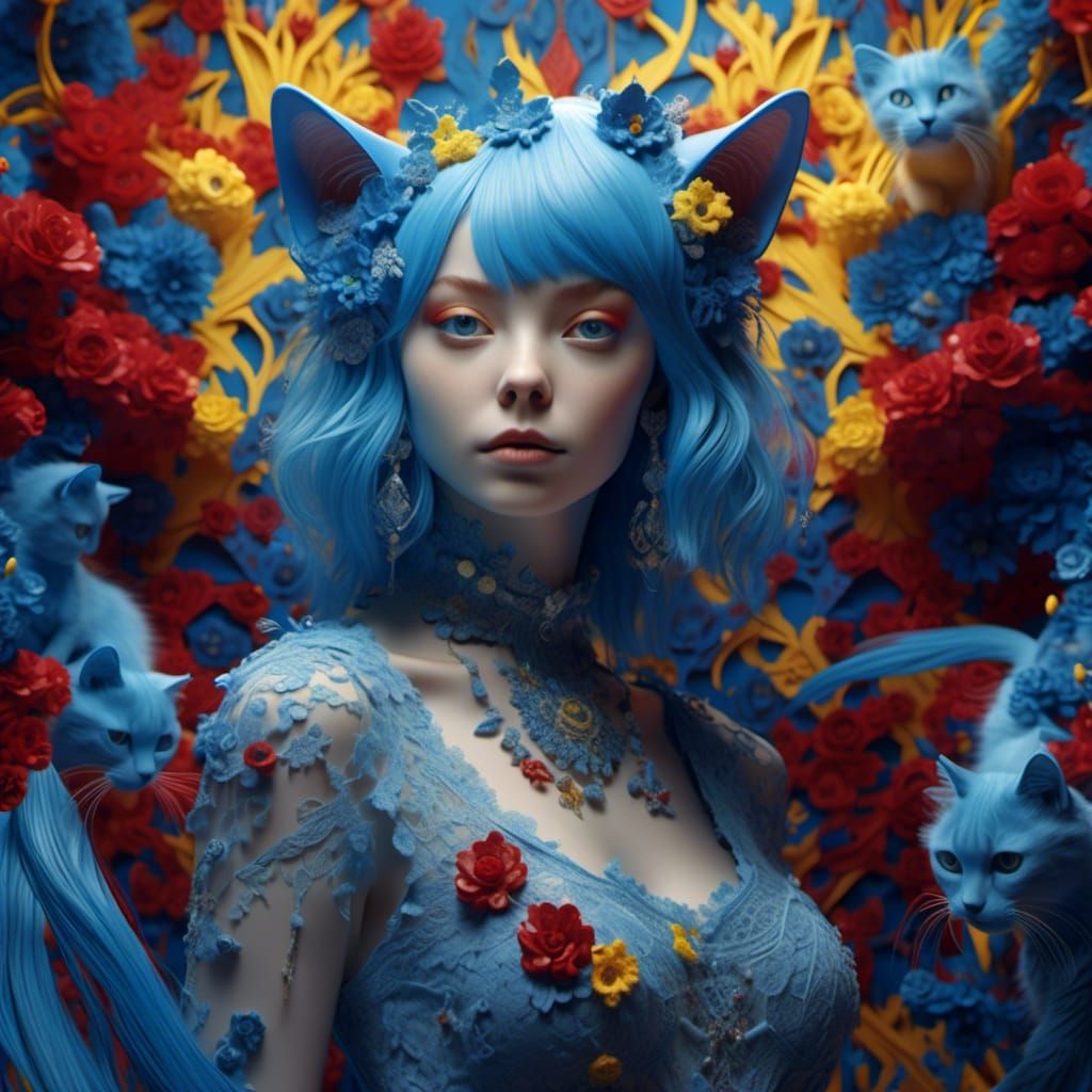 Hyperrealistic 3D Anime Cat with Blue Hair