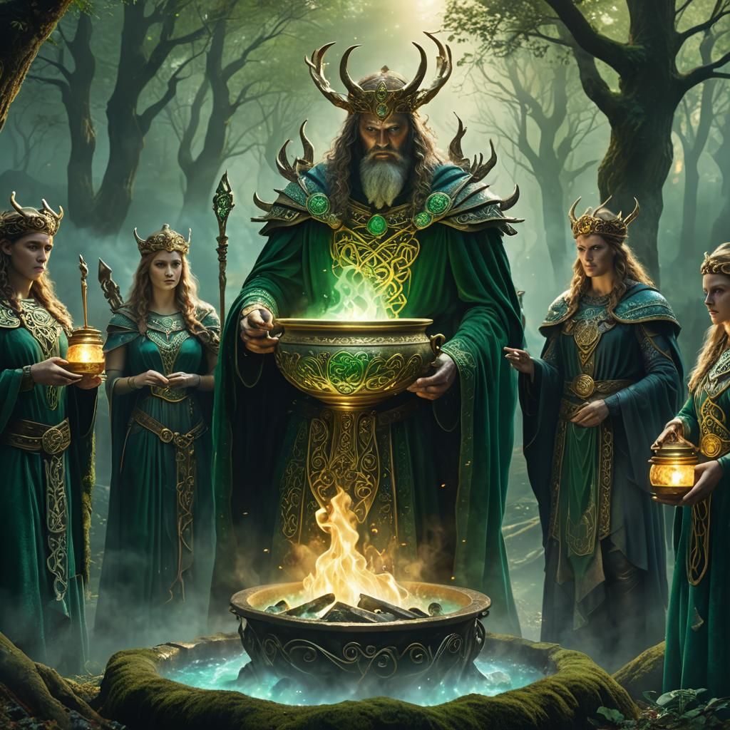 Celtic Gods Gathered in Mystical Forest