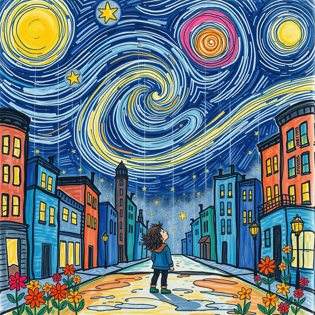 Crayon Cityscape Under Starry Night Sky