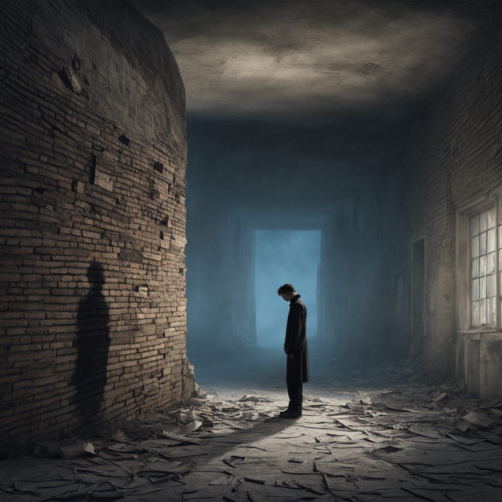 Solitary Figure Before Crumbling Wall in Surreal Style