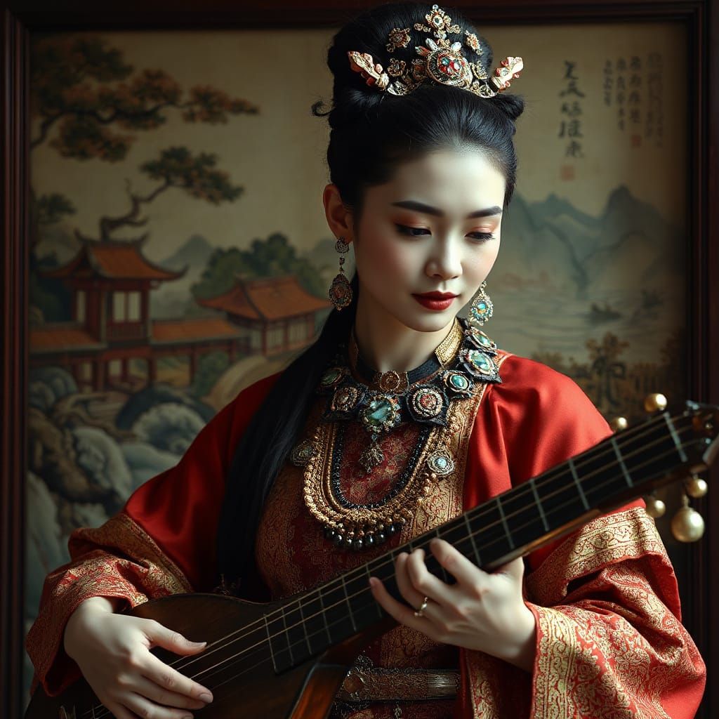 Asian Woman Playing Zither in Dark Fantasy Style