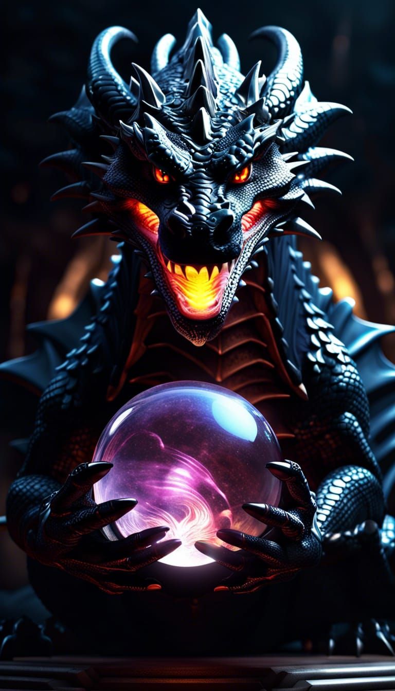 Fierce Black Dragon with Crystal Ball in 3D