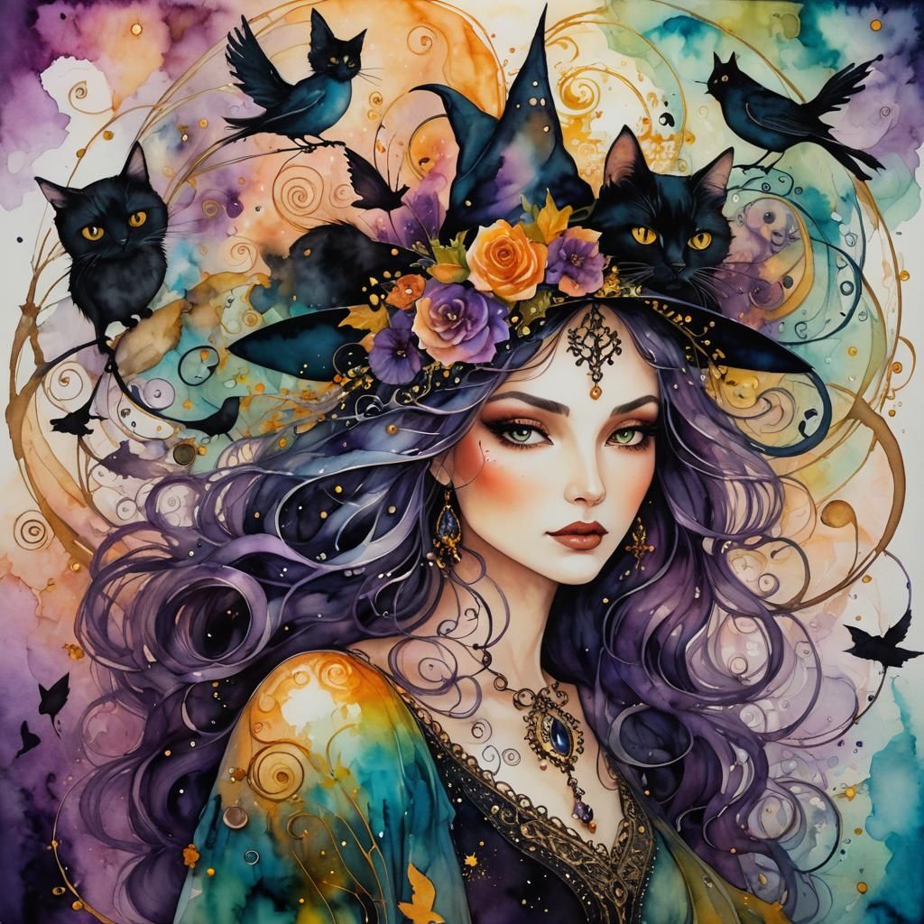 Magical Witch Woman with Birds and Cats