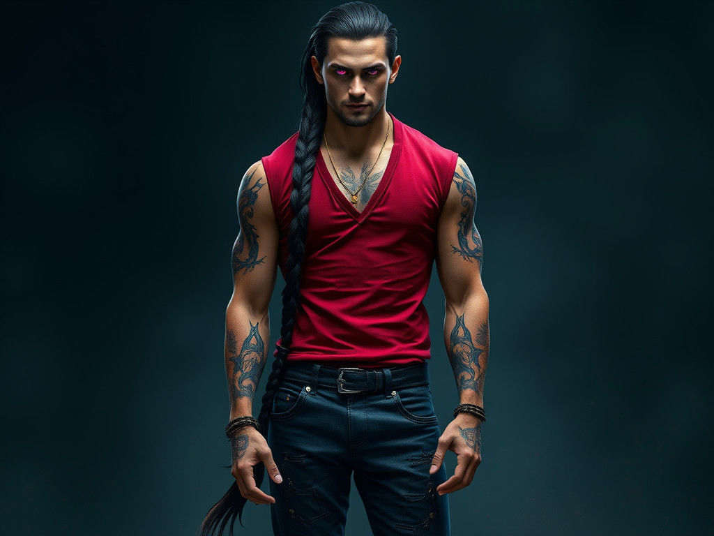 Youthful Man with Vines Tattoo in Fantasy Style