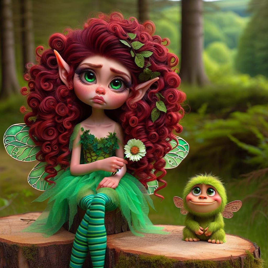A whimsical fairy girl with big greenA whimsical fairy girl with big green eyes, spiral red curly hair, turned-down eyeb...