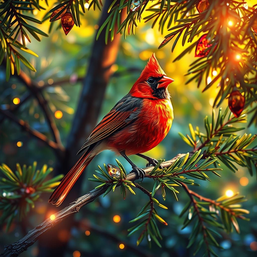 Surreal Stained Glass Cardinal in Vibrant Evergreen