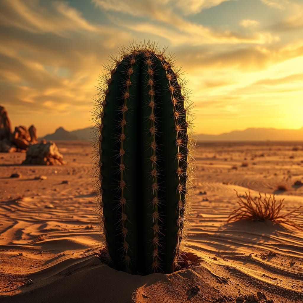 Hyperrealistic Cactuar in Arid Desert Landscape