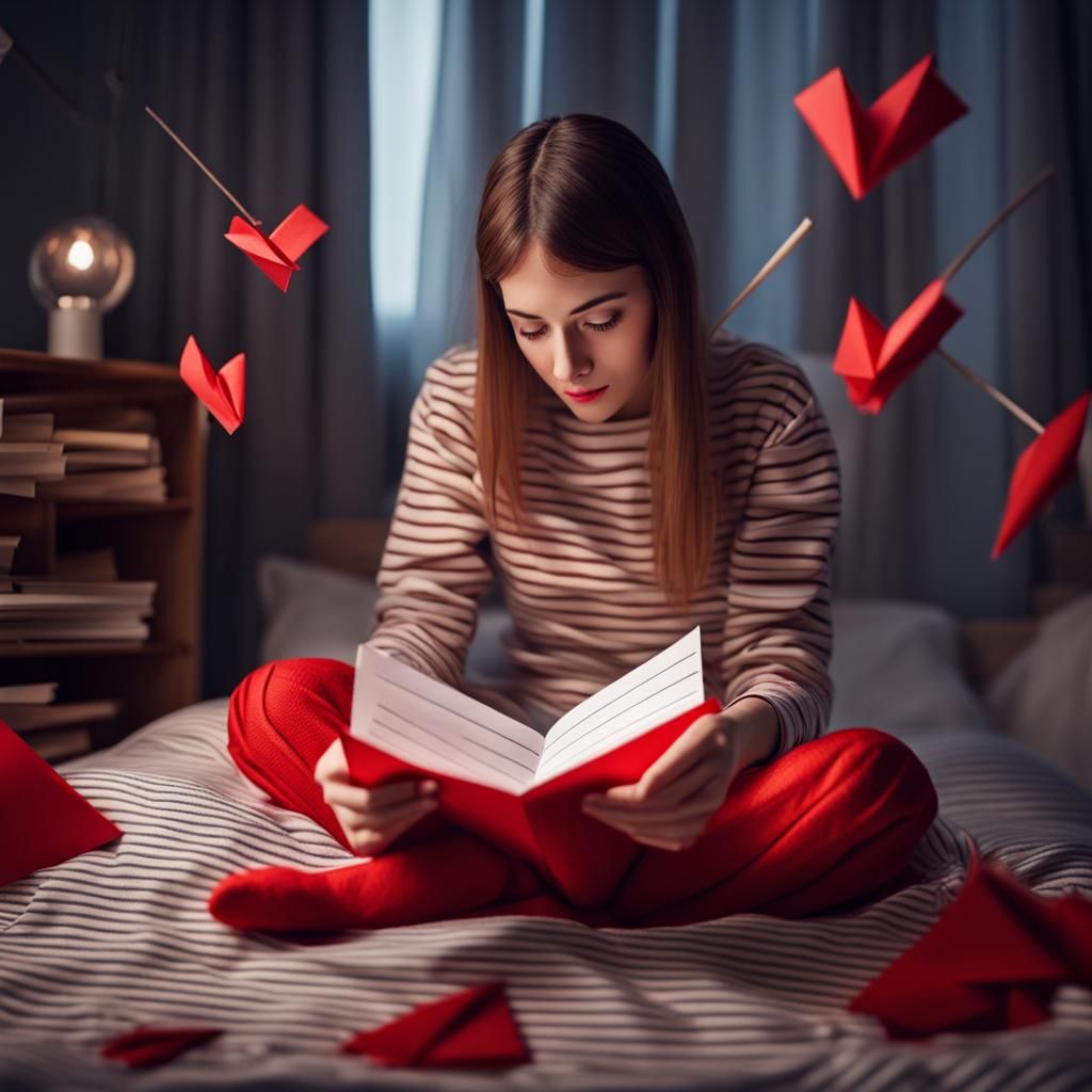 Girl Reads Love Letters with Origami Paper Folds