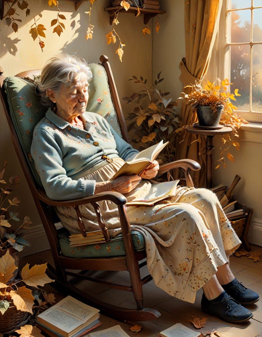 Cozy Old Woman Sleeping: Whimsical Oil Painting