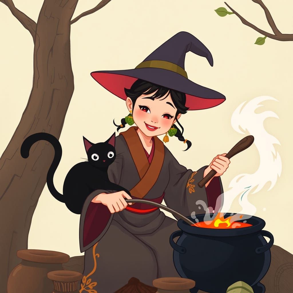 Asian Witch and Cat Stirring Cauldron in Ghibli Style