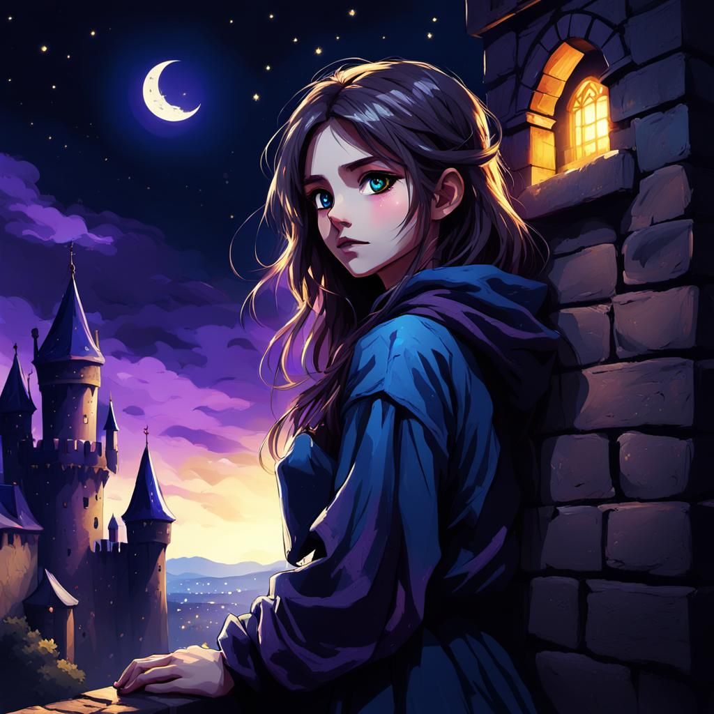 Anime Woman on Castle Wall in Dramatic Lighting