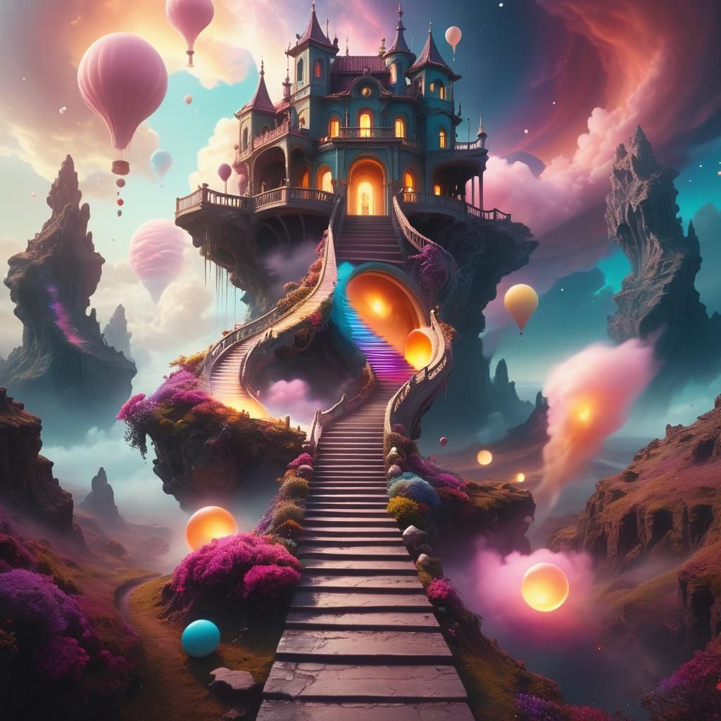 Surreal Landscape with Floating Objects in Dreamlike Pastel ...