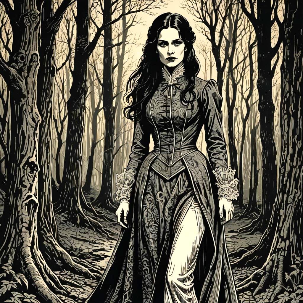 Mina Murray in the Woods: A Woodcut Portrait