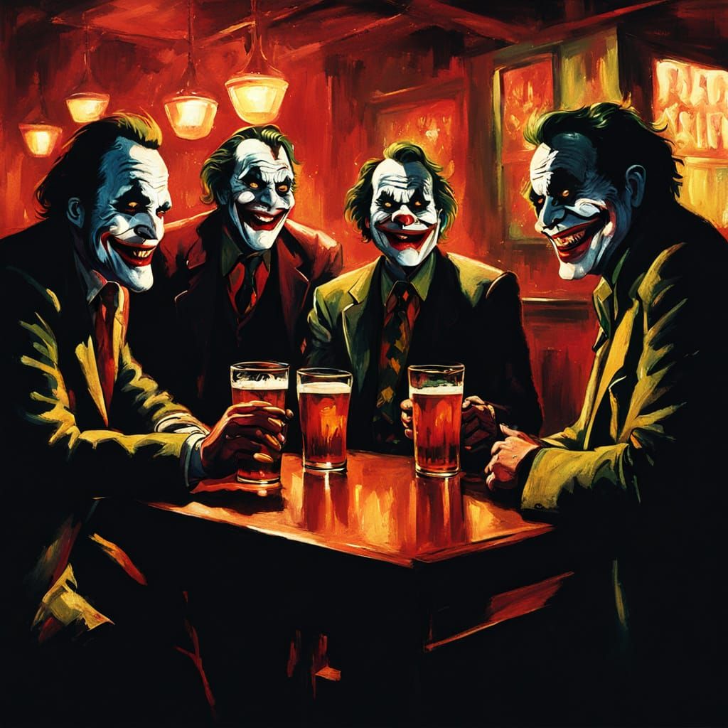 Four Jokers at a Bar: A Gritty Oil Painting