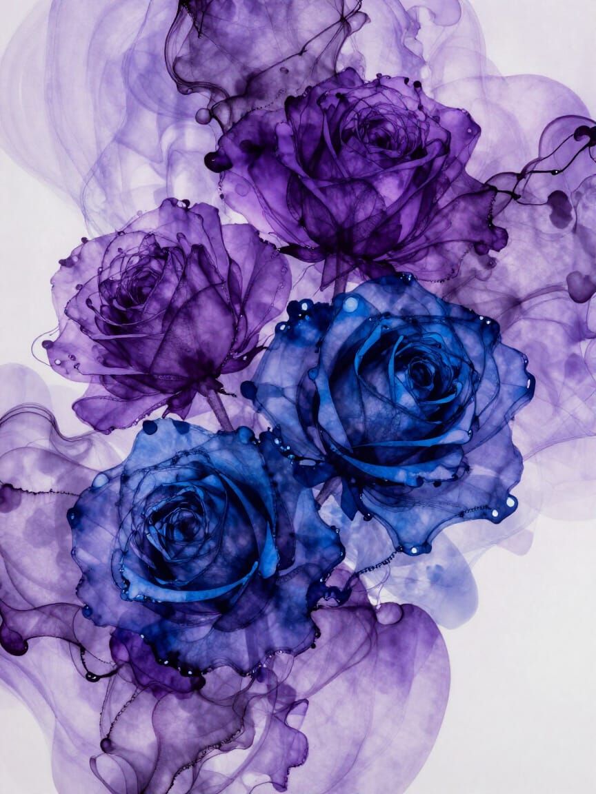 Purple and Blue Roses Alcohol Ink Art