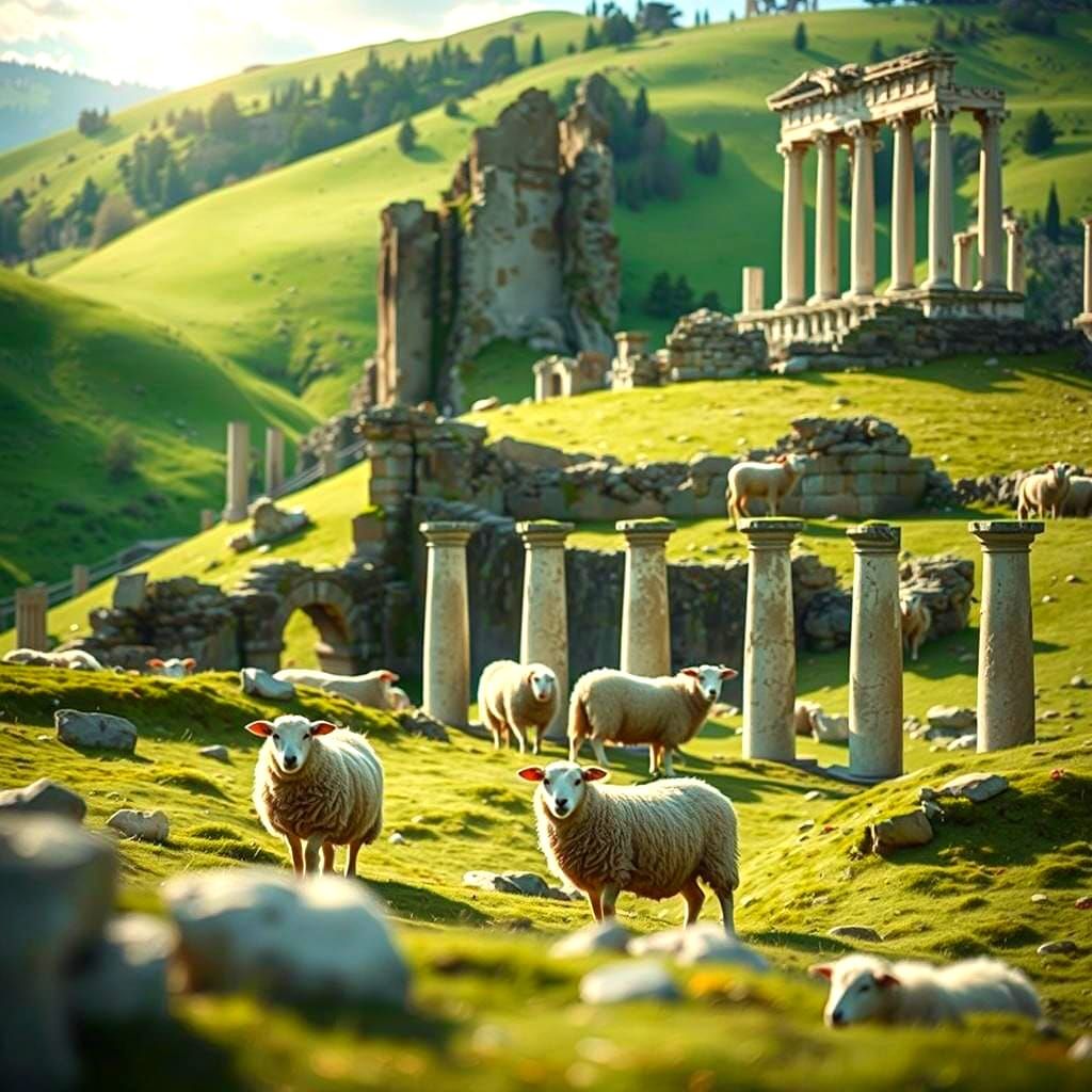 Vivid Green Hillside with White Sheep