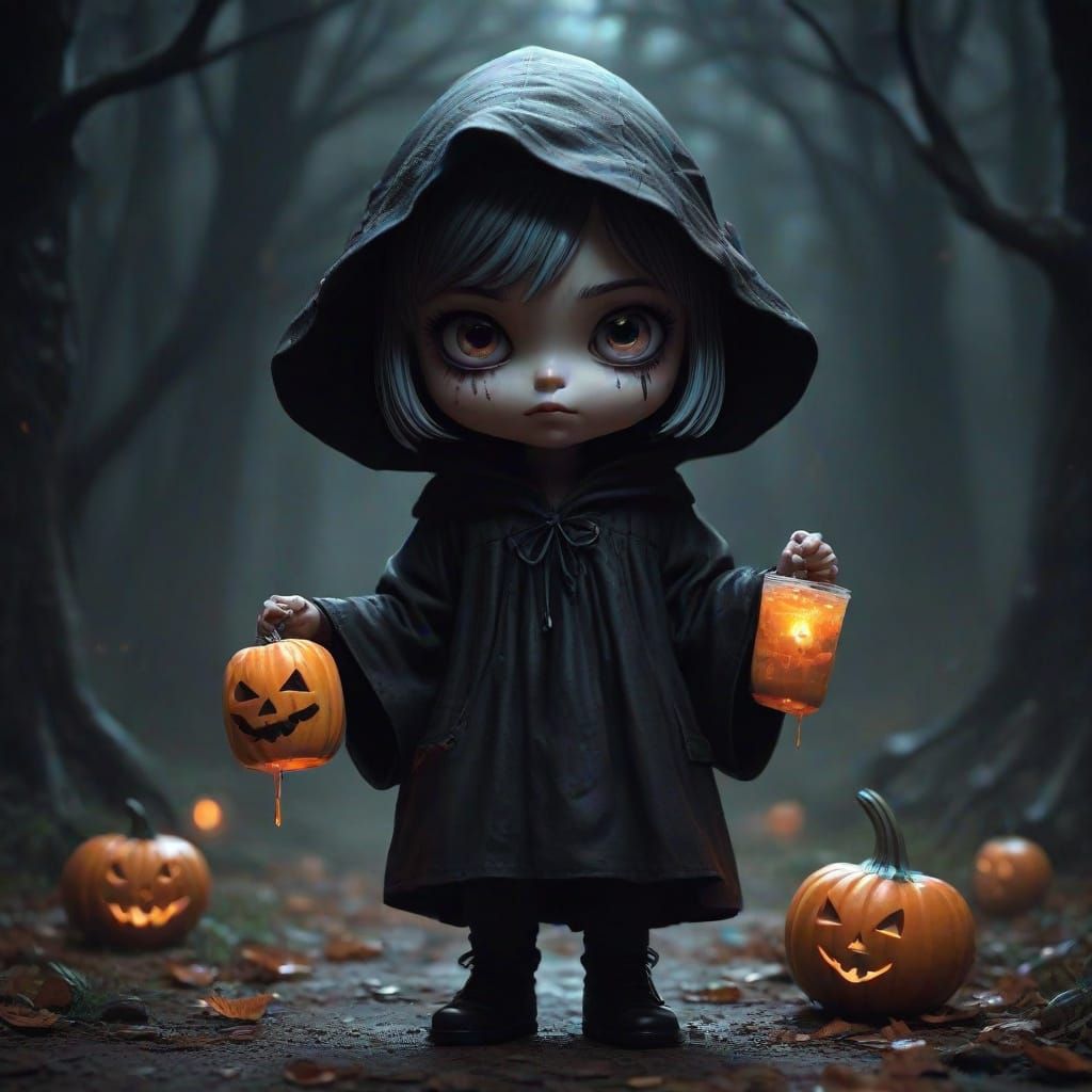 Chibi Ghosts and Candies Trick-or-Treating in Dark Fantasy S...