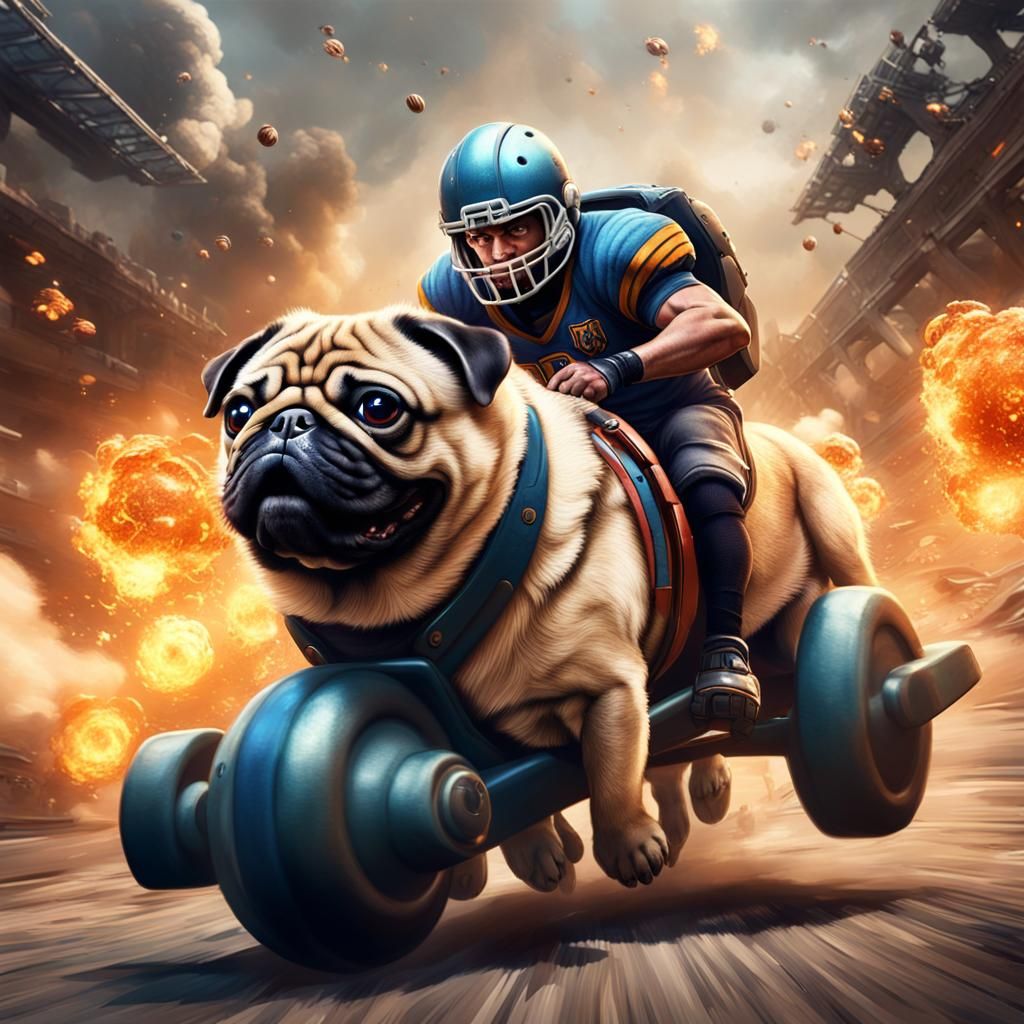 Football Player Rides Pug in Explosive Art