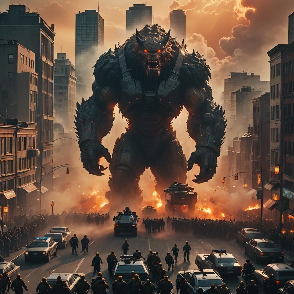 Monster Looms Over City as Defenders Watch in Awe