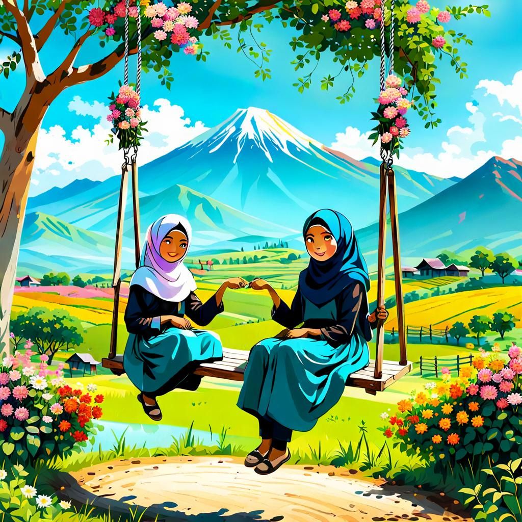 Girls on Swing in Peaceful Rural Landscape