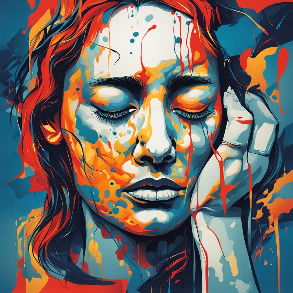 Young Woman Experiencing Pain in Abstract Art Style
