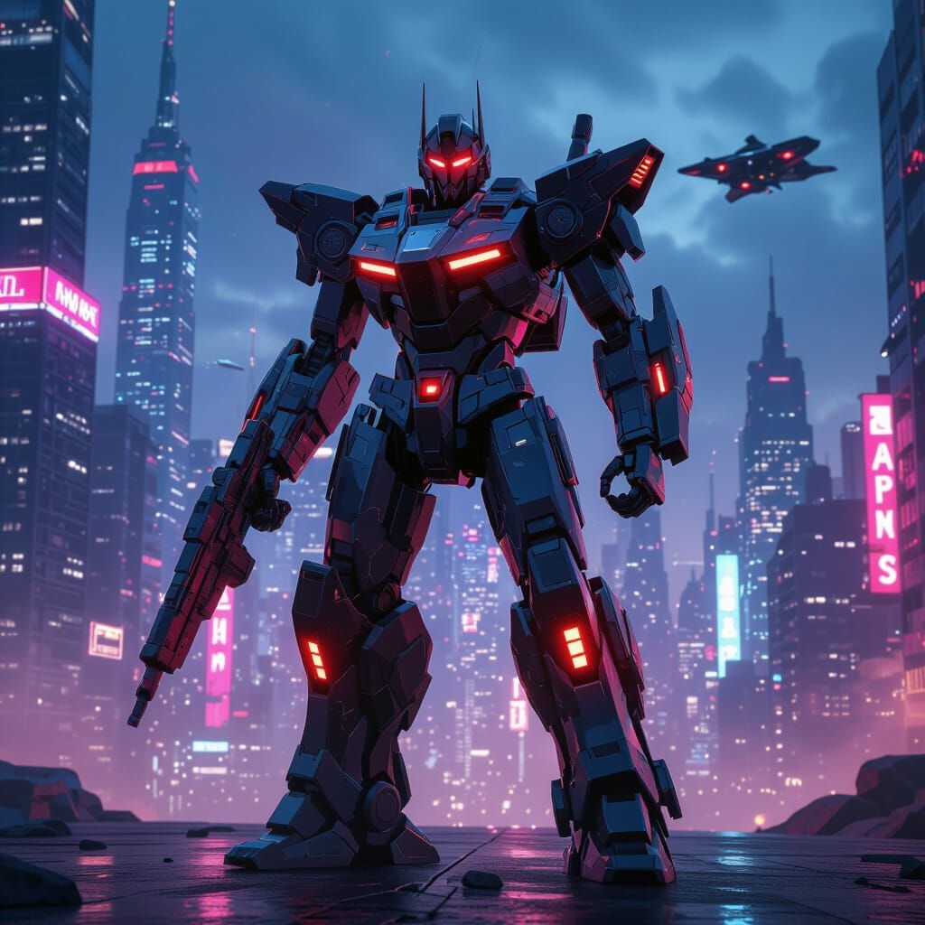 Transformer Robot Warrior in Neon Cityscape