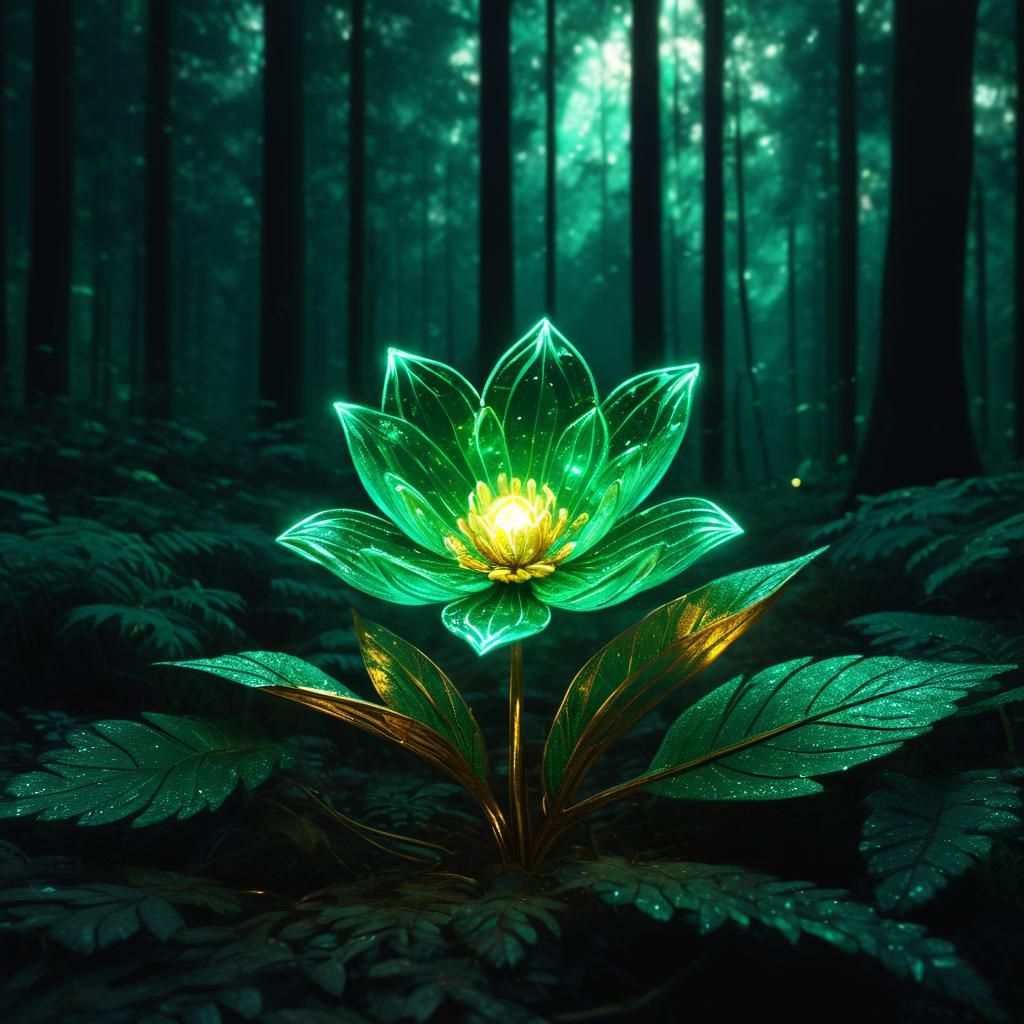 Glowing Emerald Flower in Dark Forest