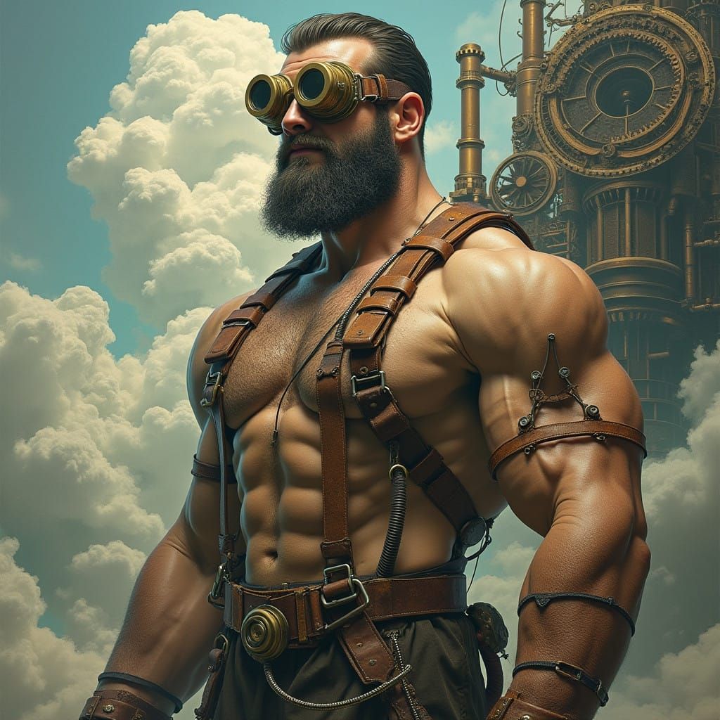 Towering Steampunk Warrior in a Surreal Industrial Landscape