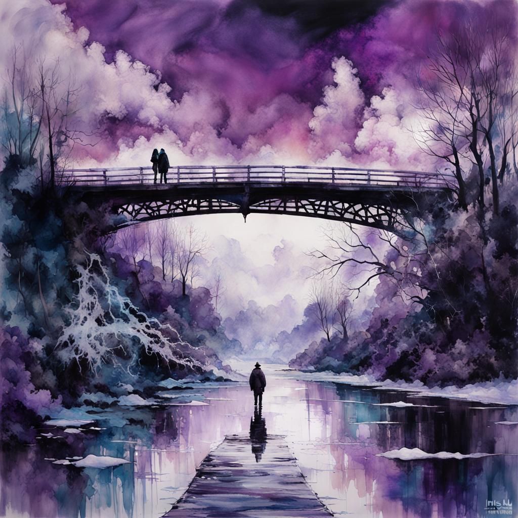 Icy Bridge Double Exposure in Watercolor Style
