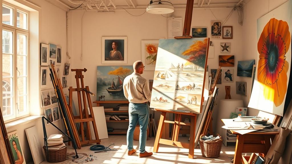 Artist in Sunlit Studio: Impressionistic Painting