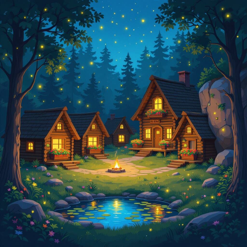 Magical Summer Camp at Twilight with Fireflies and Cabins
