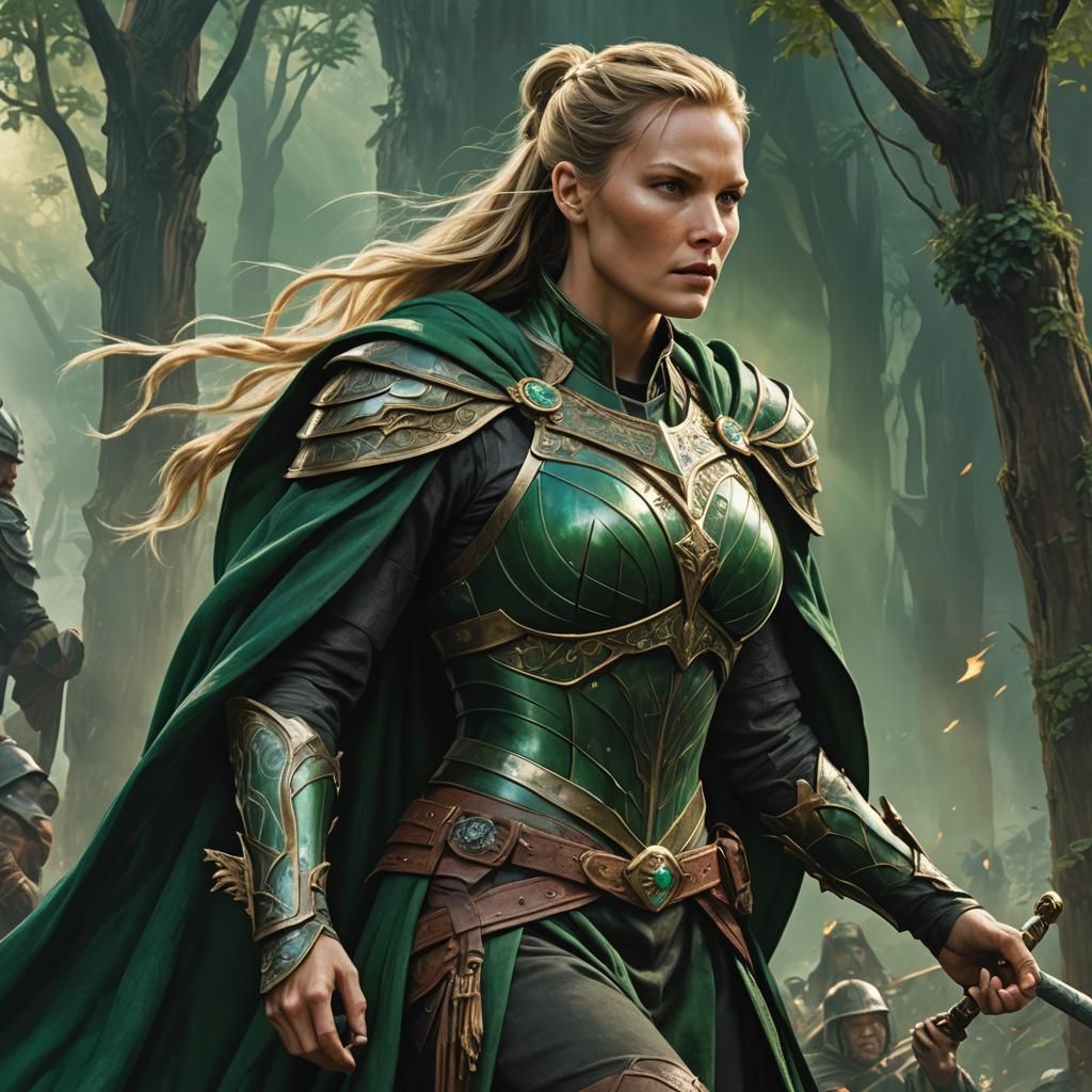 Fantasy Art of Armored Woman Climbing in Golden Light