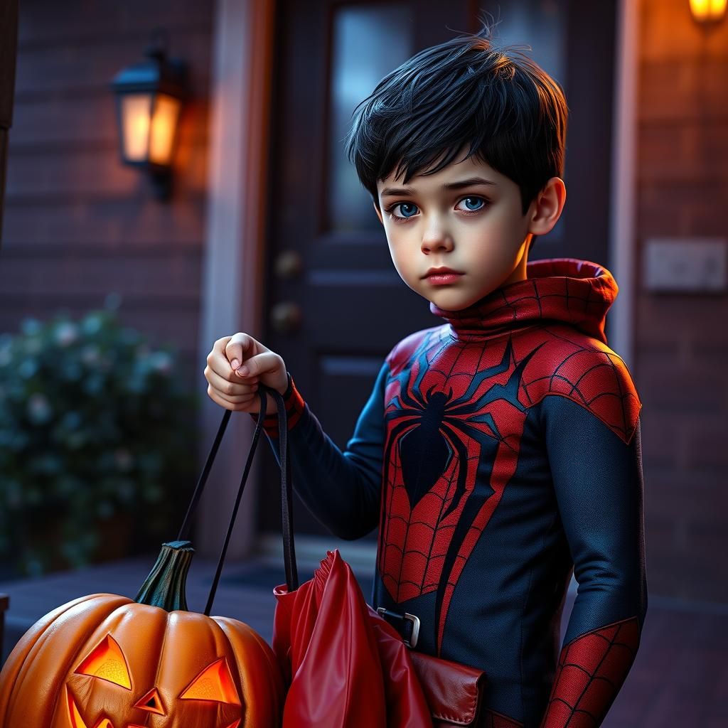 Boy Dressed as Spiderman with Jack-o-Lantern