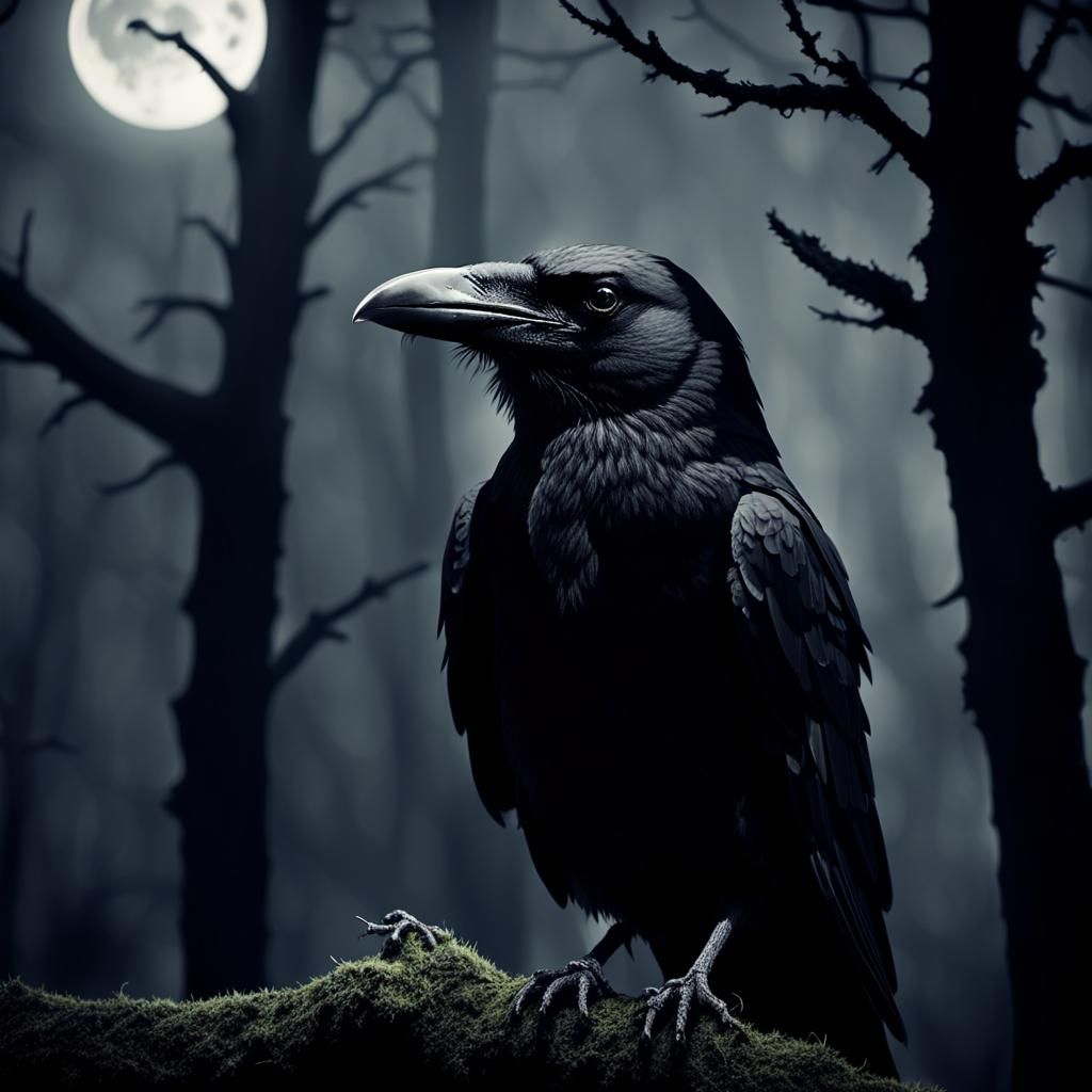 Eerie Crow Perched in Film Noir Style
