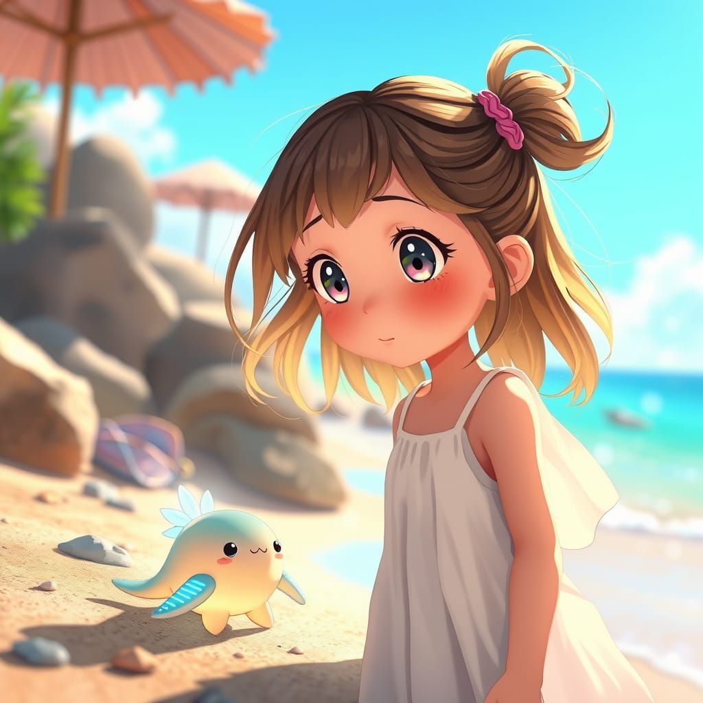 Girl Meets Glowing Sea Creature on Sunny Beach