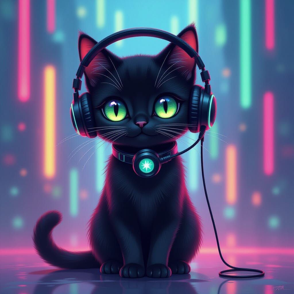 Black Cat DJ with Neon Lights, in Contemporary Style