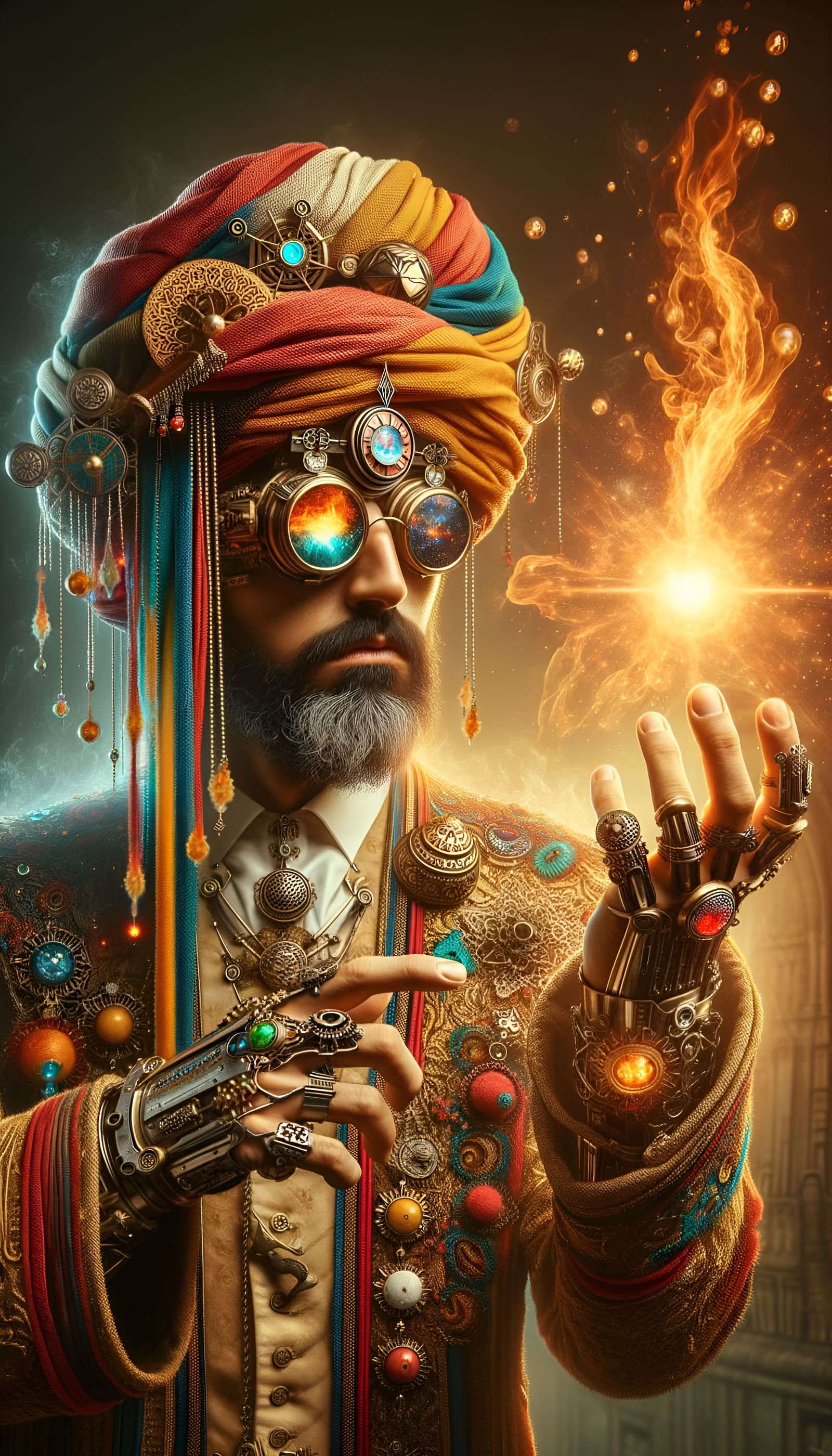 Steampunk Magician Casting Fireball with Cybernetic Enhancem...