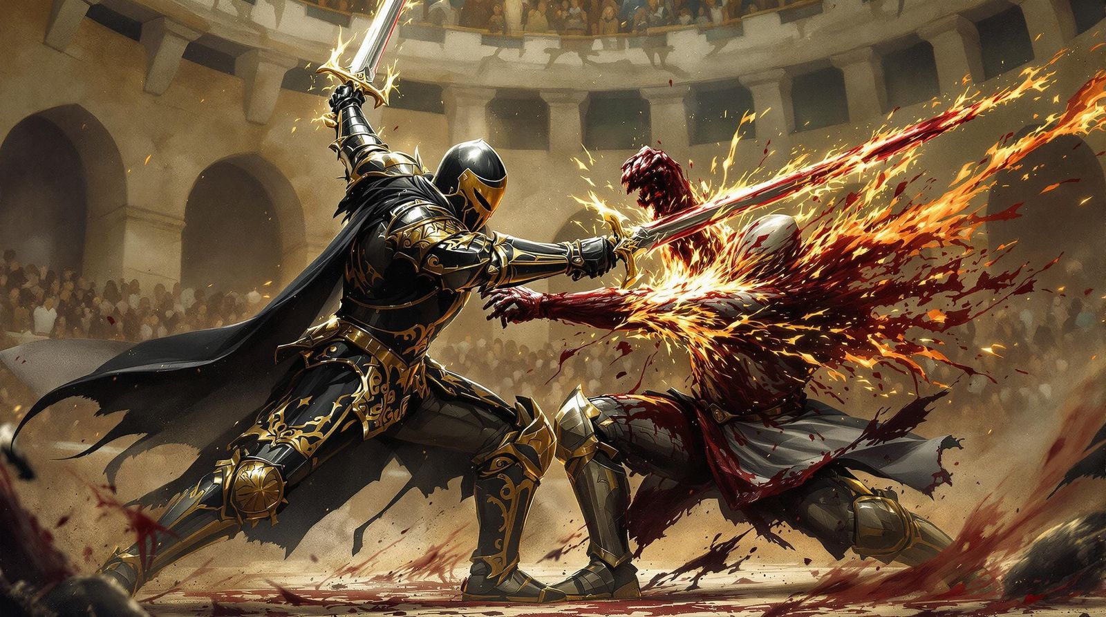 Brutal Medieval Battle in Arena, Inspired by Classical Art
