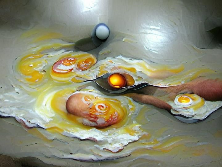 Oil Painting of Eggs Cooking in Pan