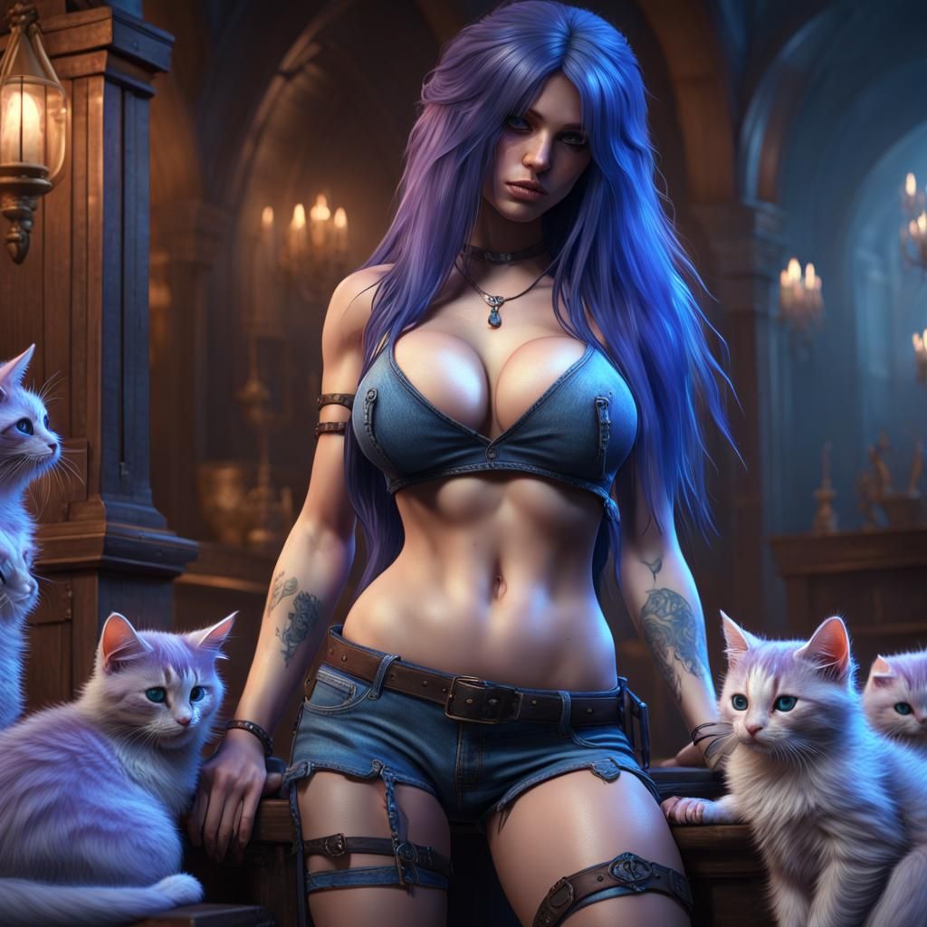 Blue-Haired Girl with Kittens: Hyperdetailed Dark Fantasy Ar...