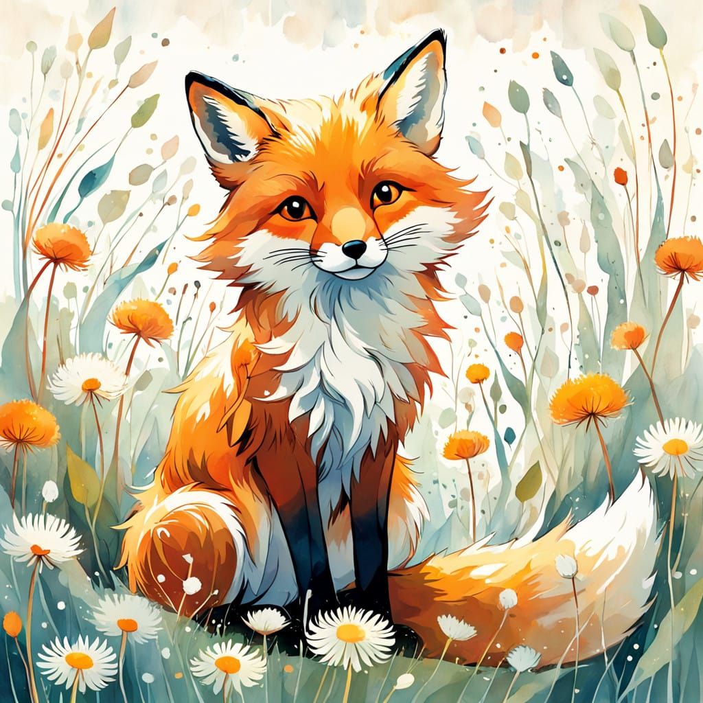 Whimsical Fox Amidst Delicate Dandelion Blooms in Watercolor...