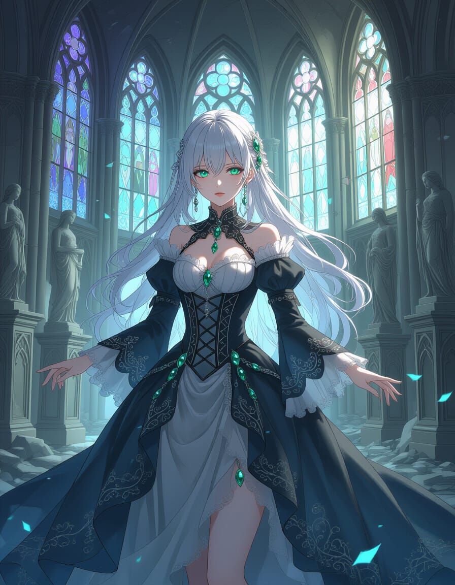Gothic Woman in Ruined Cathedral: Anime Style