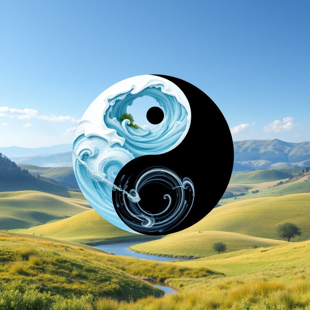 Harmonious Yin Yang Amidst Lush Landscape with Infinite Rive...