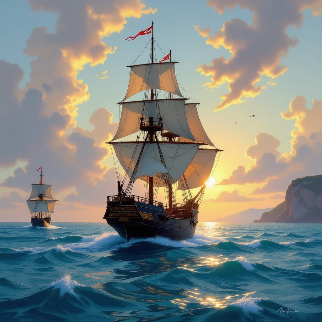 Devonian Seascape with Sailing Ship in Golden Light