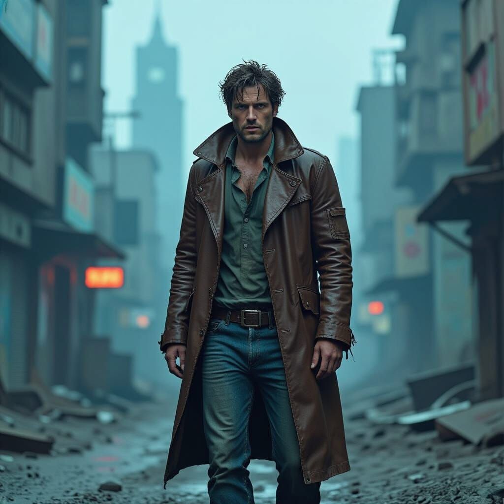 Bewildered Time Traveler in Dystopian Cityscape